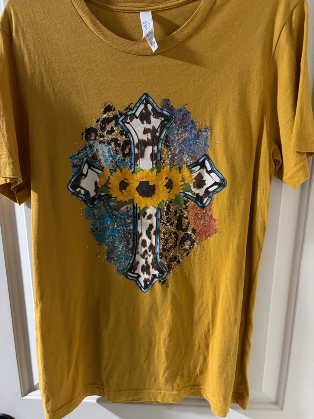 Bella Canvas Mustard Yellow Tee with Sunflower Cross Graphic